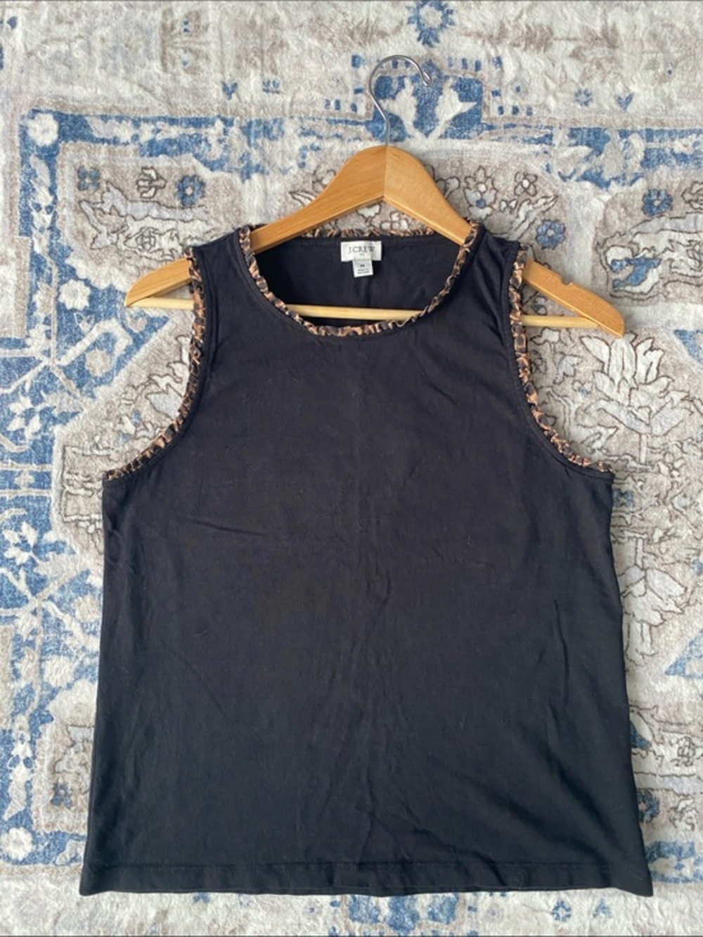 J. Crew Black 100% Cotton Tank Top with Leopard-Trimmed Edges